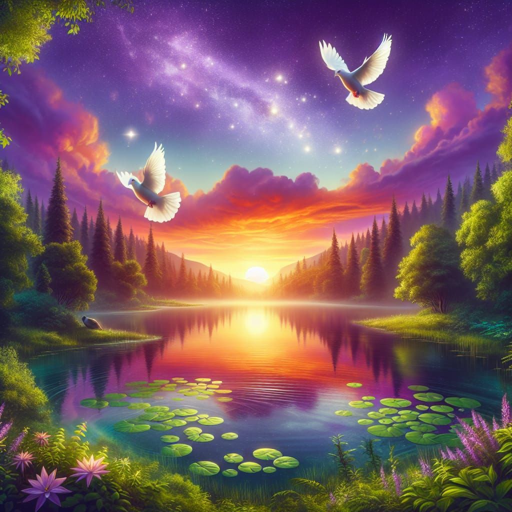 Peaceful Sunset Scene with Doves and Tranquil Lake
