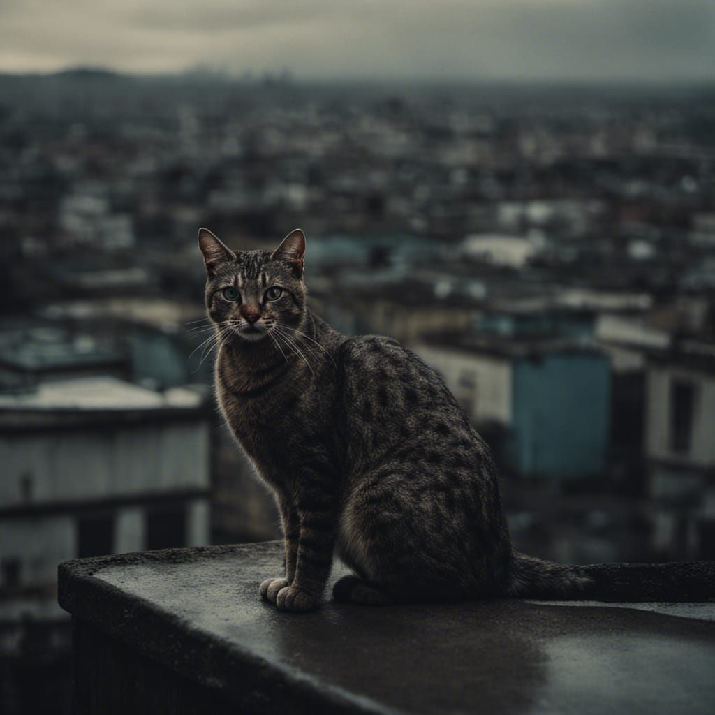 Lonely Cat in Apocalyptic City, Highly Detailed Photo