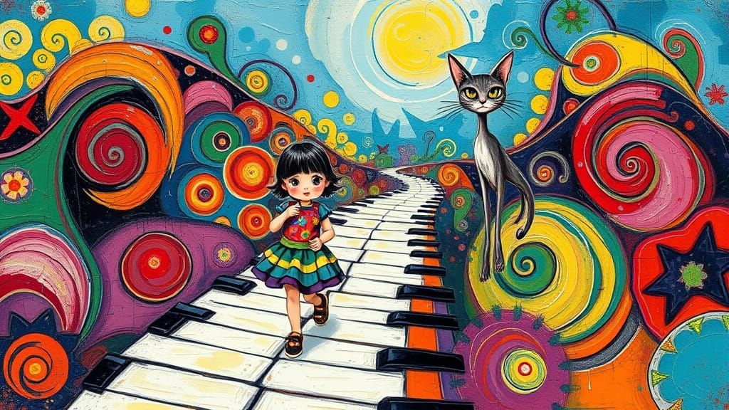 Child and Cat on Piano Path in Abstract Oil Painting