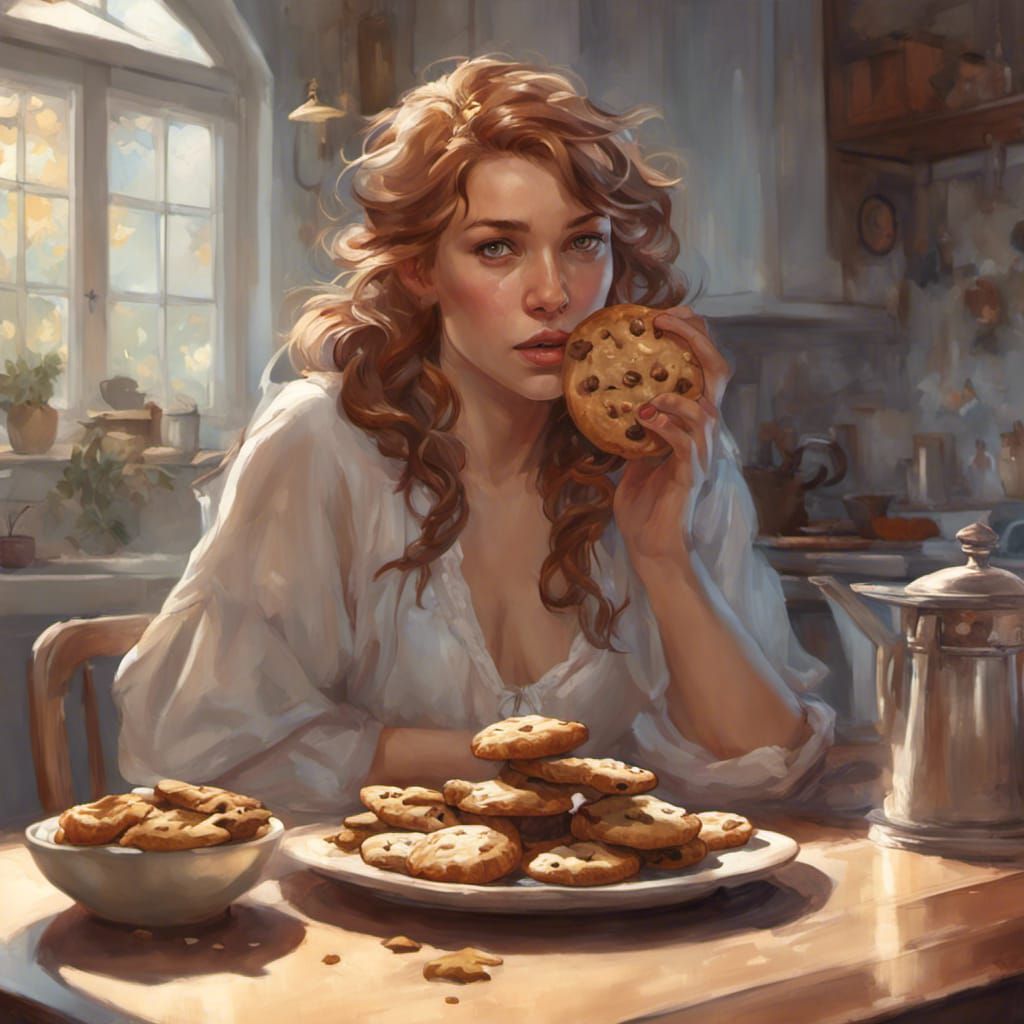 Woman Eating Cookies: Hyperdetailed Portrait Art