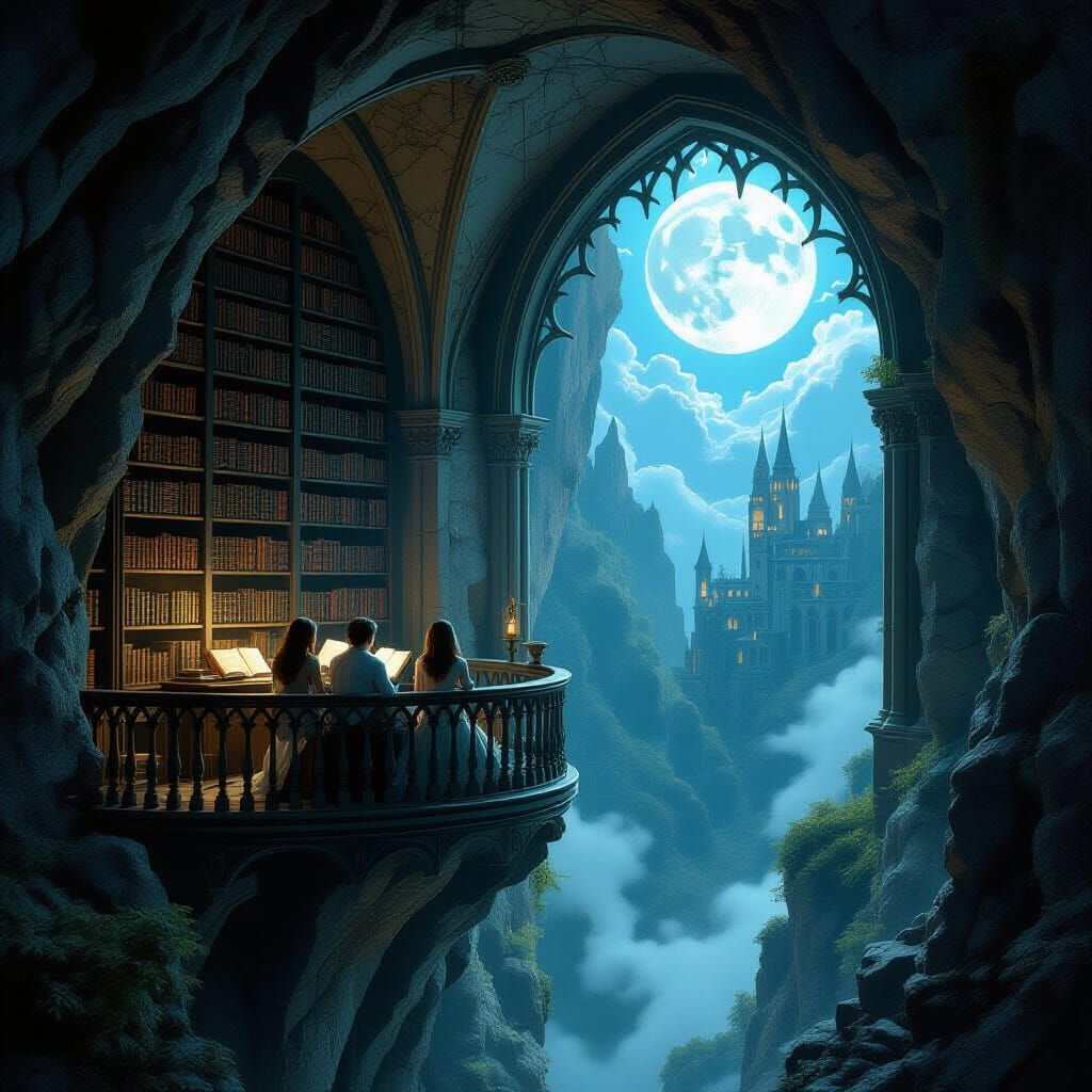 Romantic Gothic Library with Lovers Reading by Moonlight