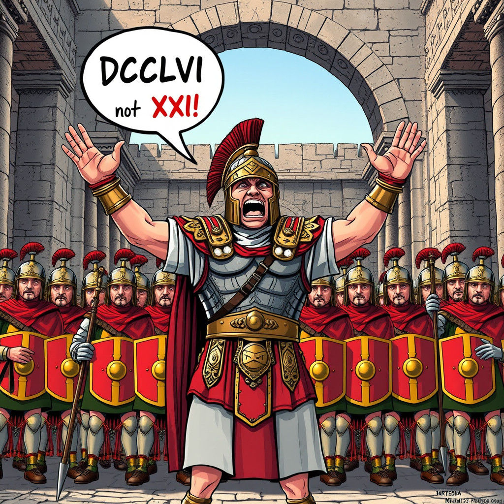 Centurion Yelling Roman Numerals in Comic Art Style