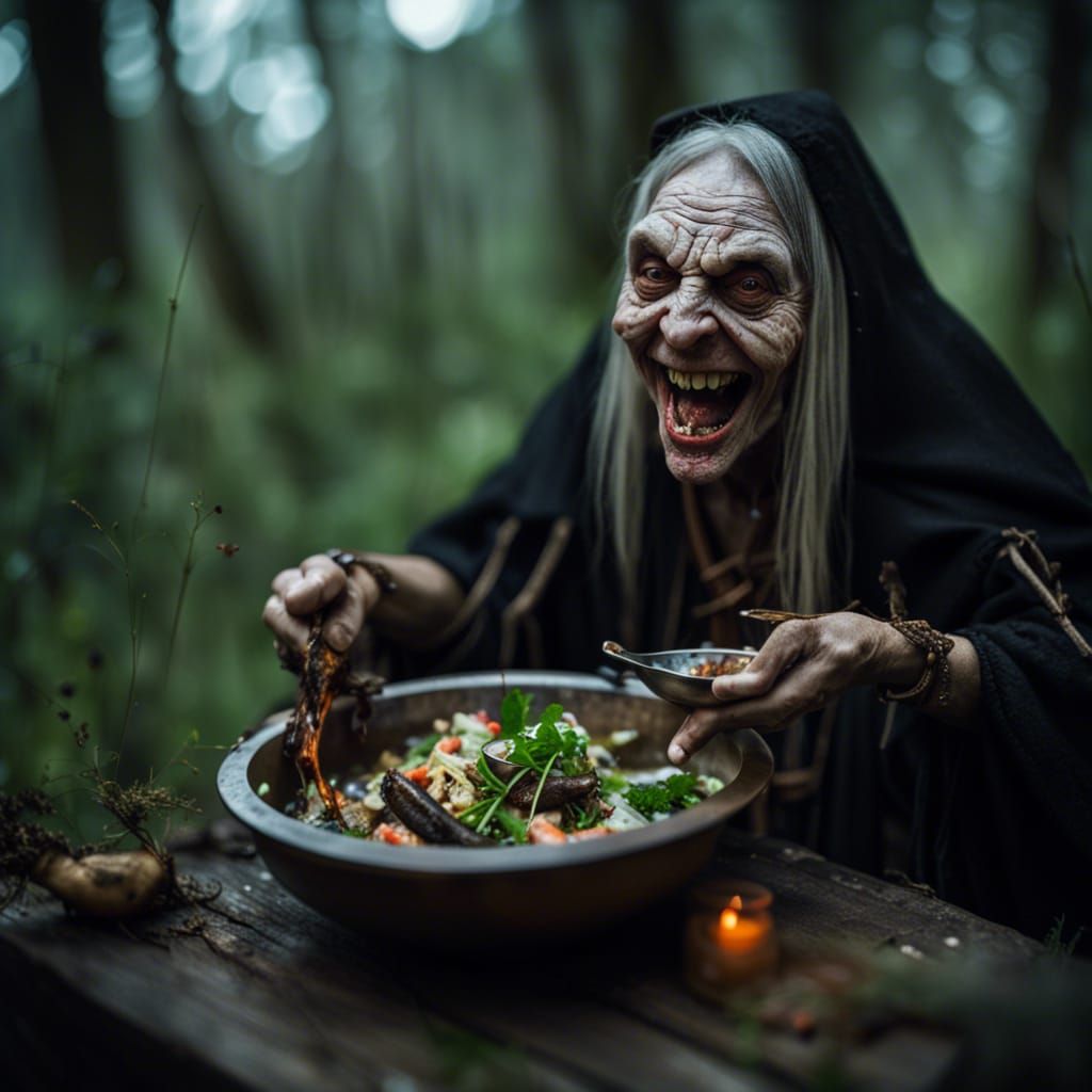 Sinister Baba Yaga Laughing in Swamp with Salad