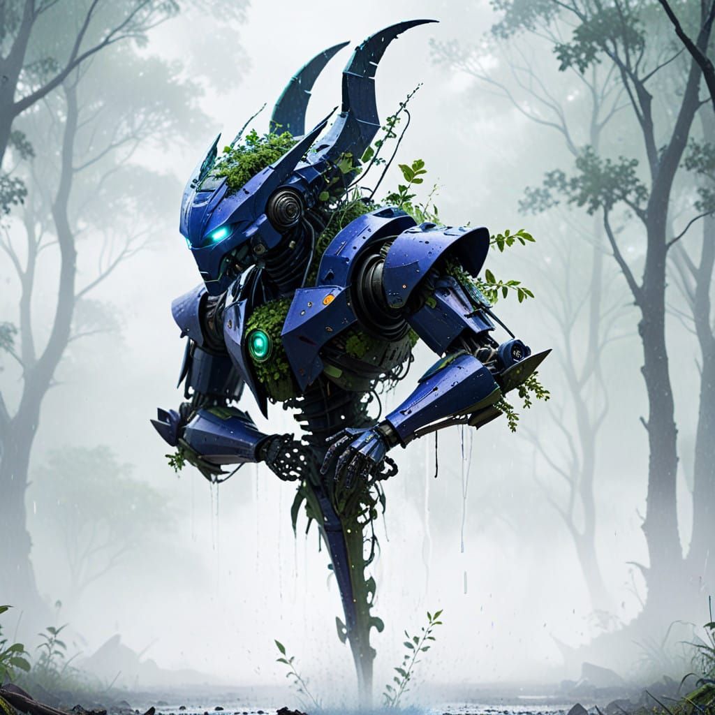 Cyberpunk Samurai Robot in a Stormy Bamboo Forest