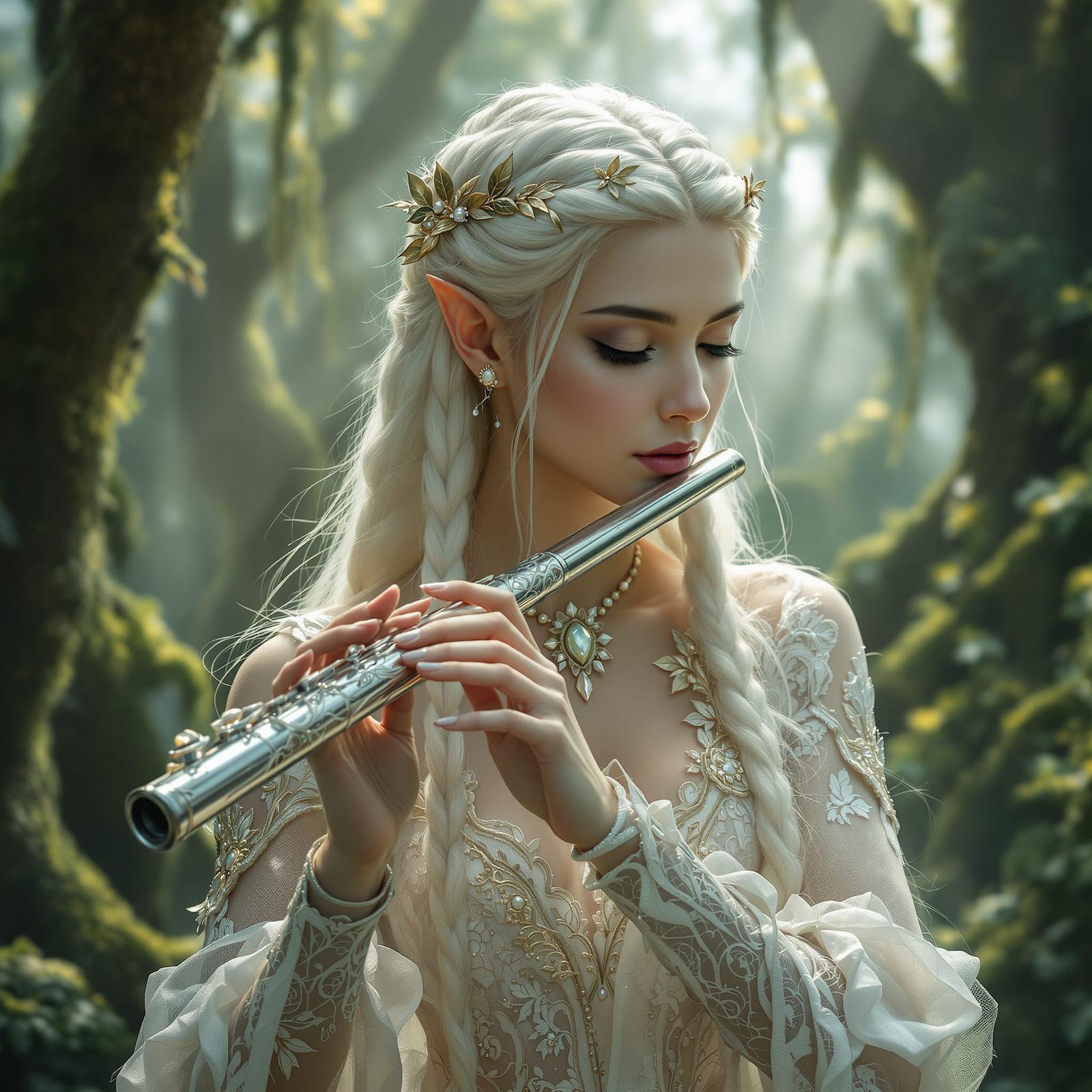 Elven Maiden Plays Flute in Misty Forest Portrait