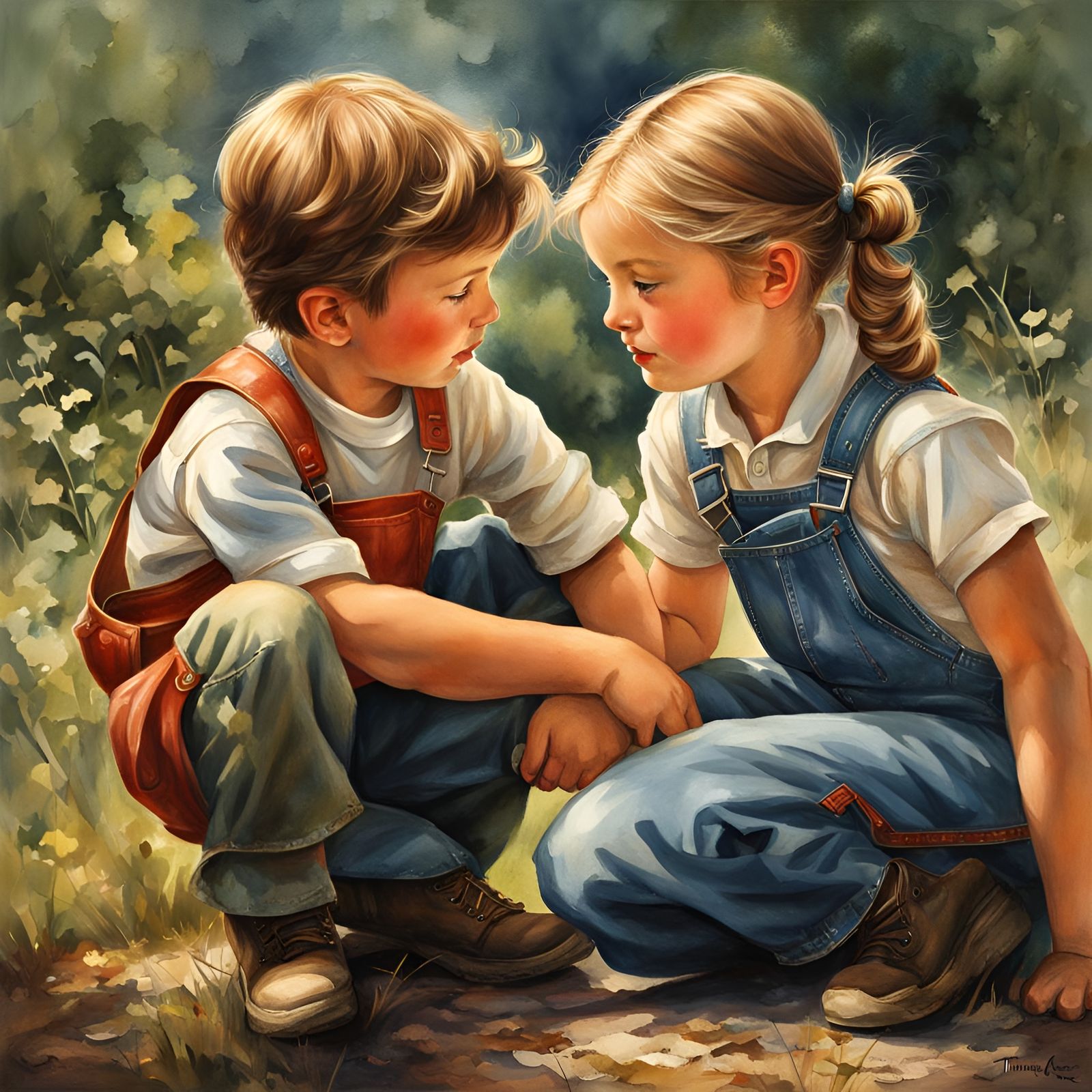 Children's First Love: Retro Watercolor Illustration