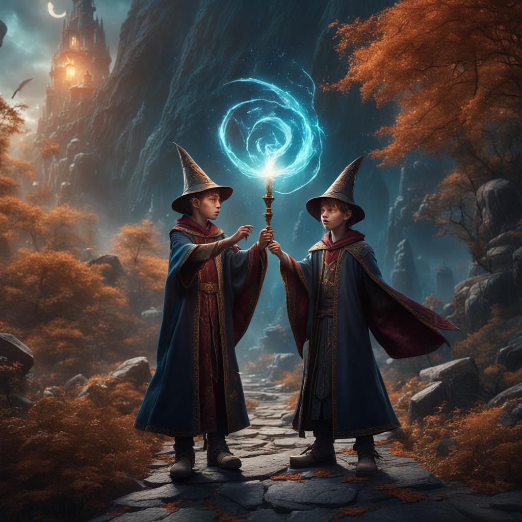 Twin Wizards Casting a Spell Together