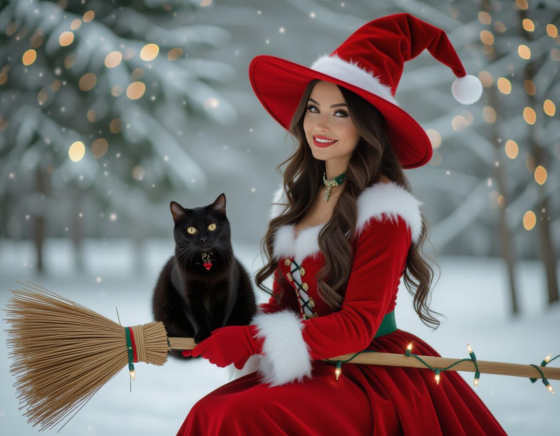 Christmas Witch Flying Broom with Black Cat