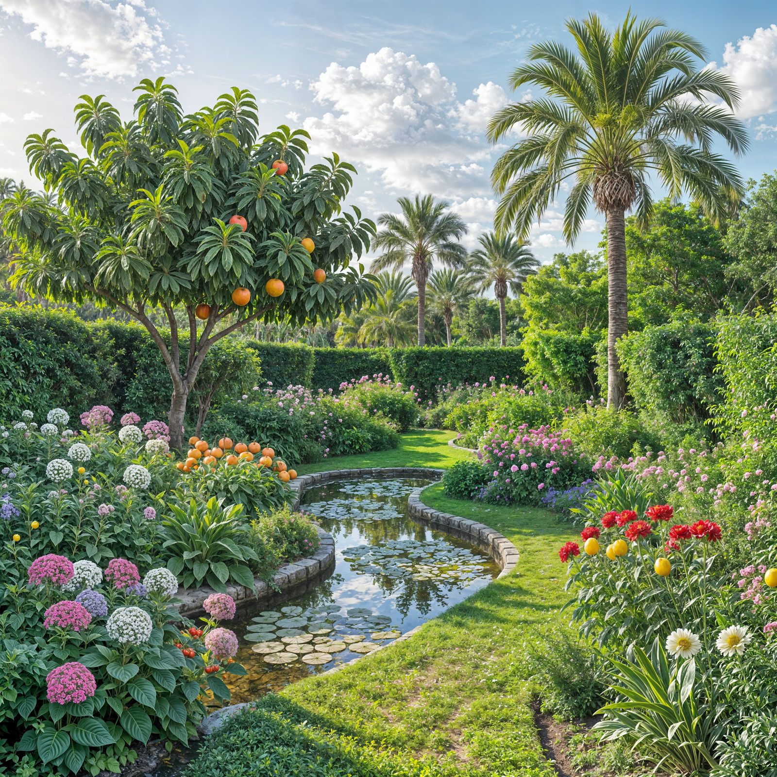 Lush Garden with Flowers and Trees: A Realism Scene