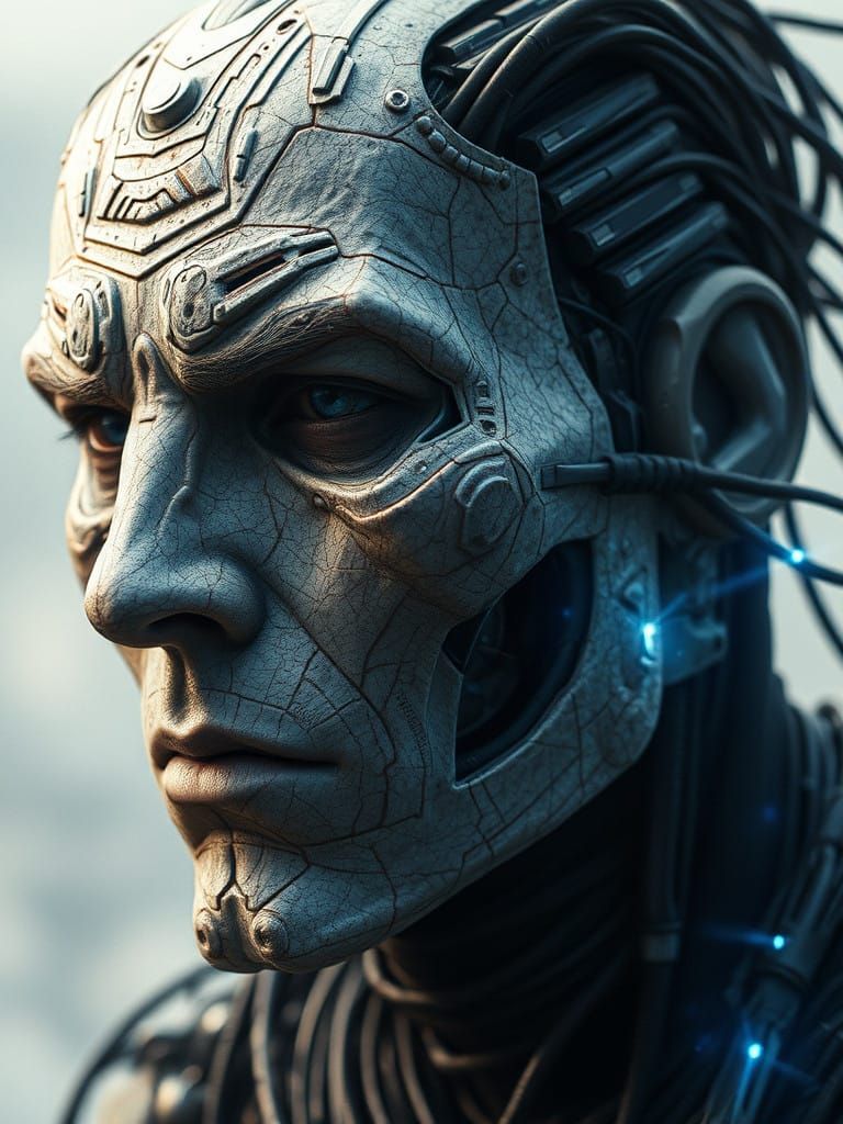 Cybernetic Visage in Blue Flames: Cyberpunk Portrait