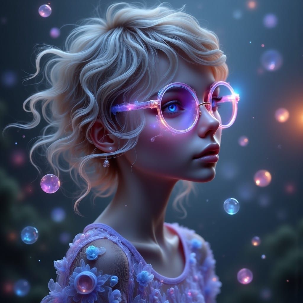 Mystical Girl with Iridescent Eyes in Ethereal Garden