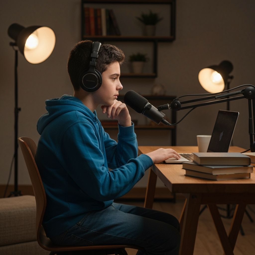 Teen Podcaster in Cozy Modern Studio Setup