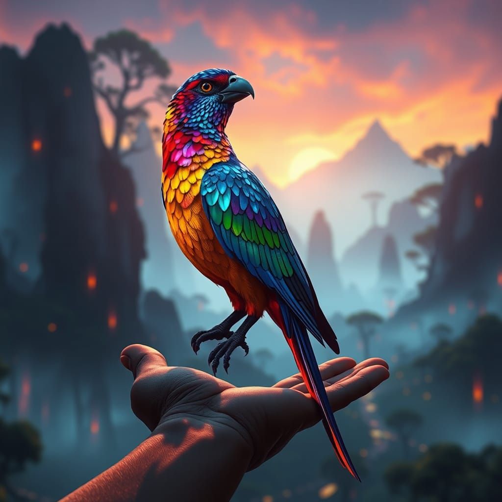 Iridescent Bird on Hand in Bioluminescent Pandora Landscape