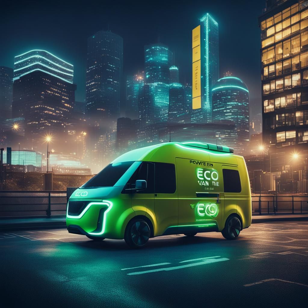 Futuristic Electric Van in Urban Cityscape