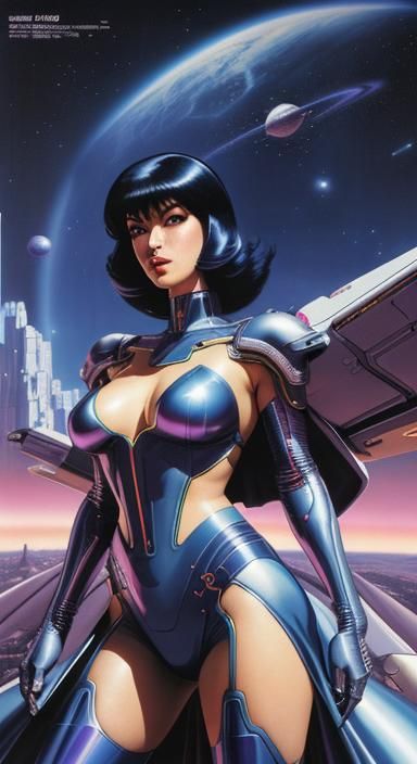 Cyberpunk Space Girl on Dragon in Retro Sci-Fi Style