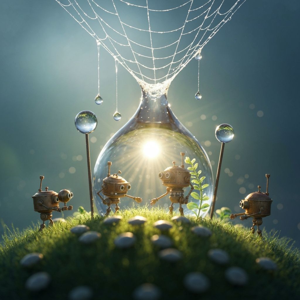 Steampunk Robots Maintain Dewdrop Ecosystem: Ghibli Style