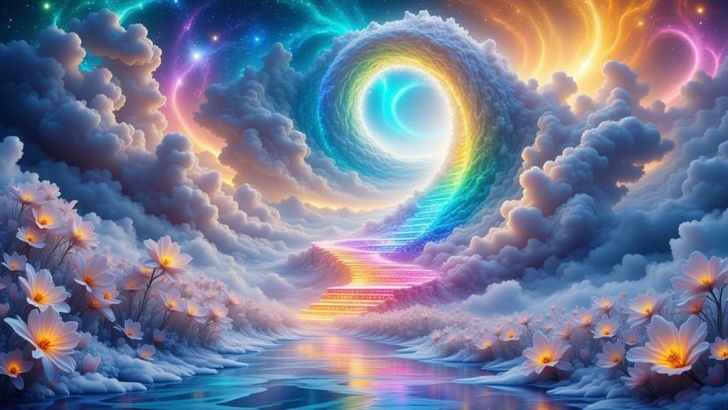 Surreal Staircase Ascends Through Luminous Flower Field in V...