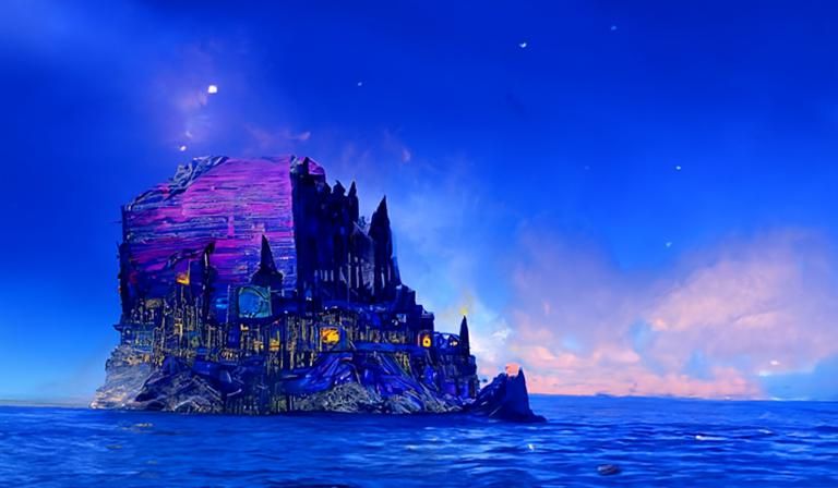 Illuminated Stone Hogwarts Castle on Lapis Lazuli Ocean