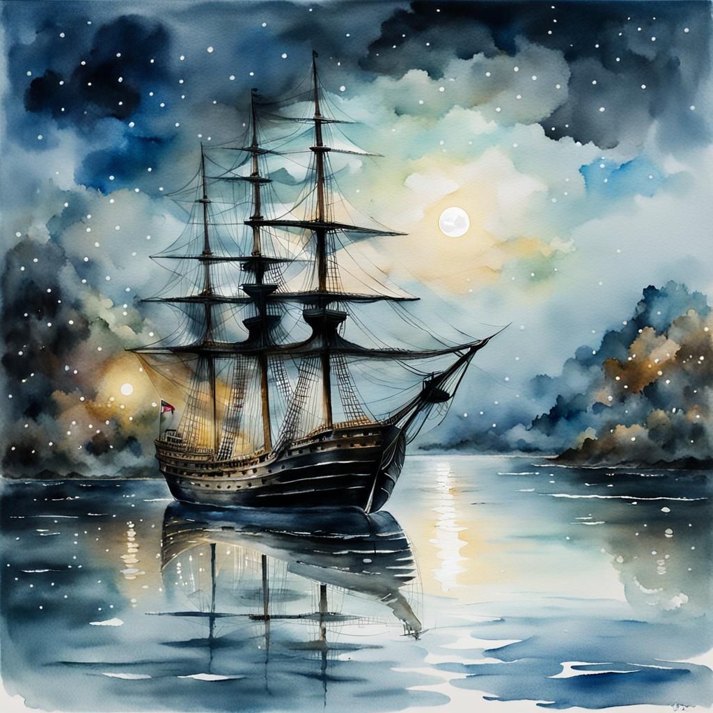Black Pearl Sails Silently in Watercolor Night