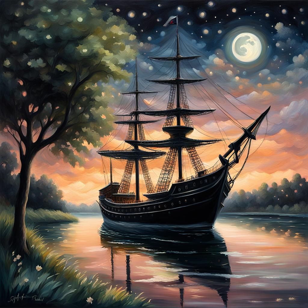 Black Pearl Sails Serene River: Magical Realism Oil Painting