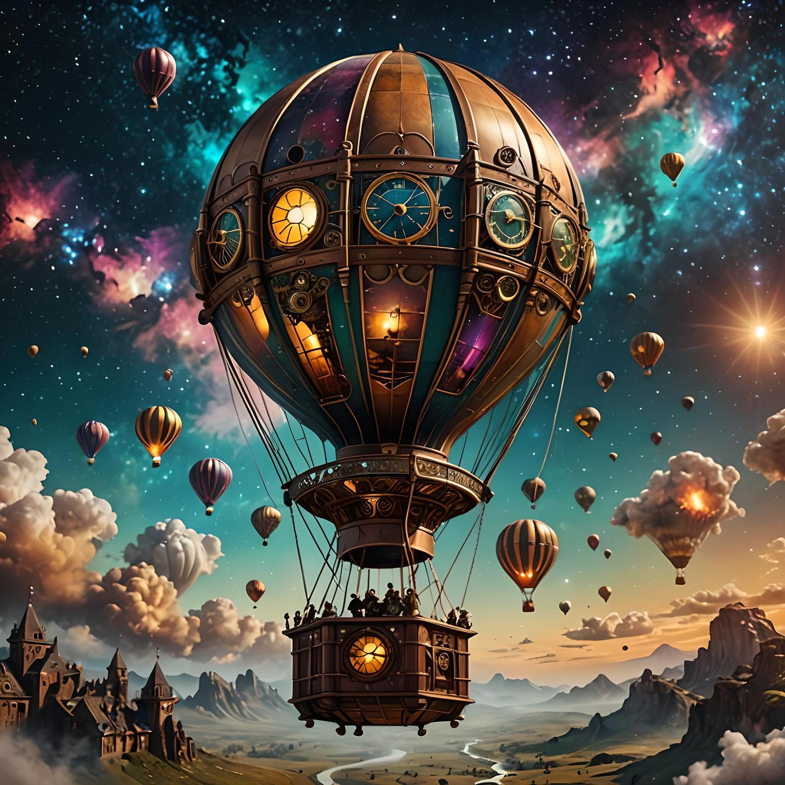 Steampunk Hot Air Balloon Soaring Through Abstract Cosmos