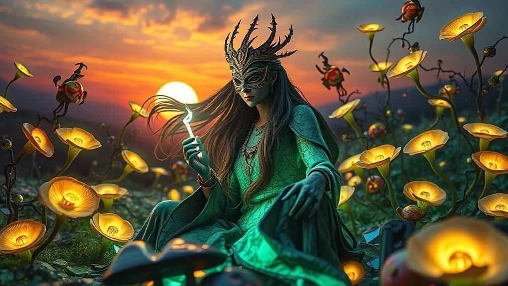 Surreal Fragmented Sculpture with Mystical Woman and Glowing...