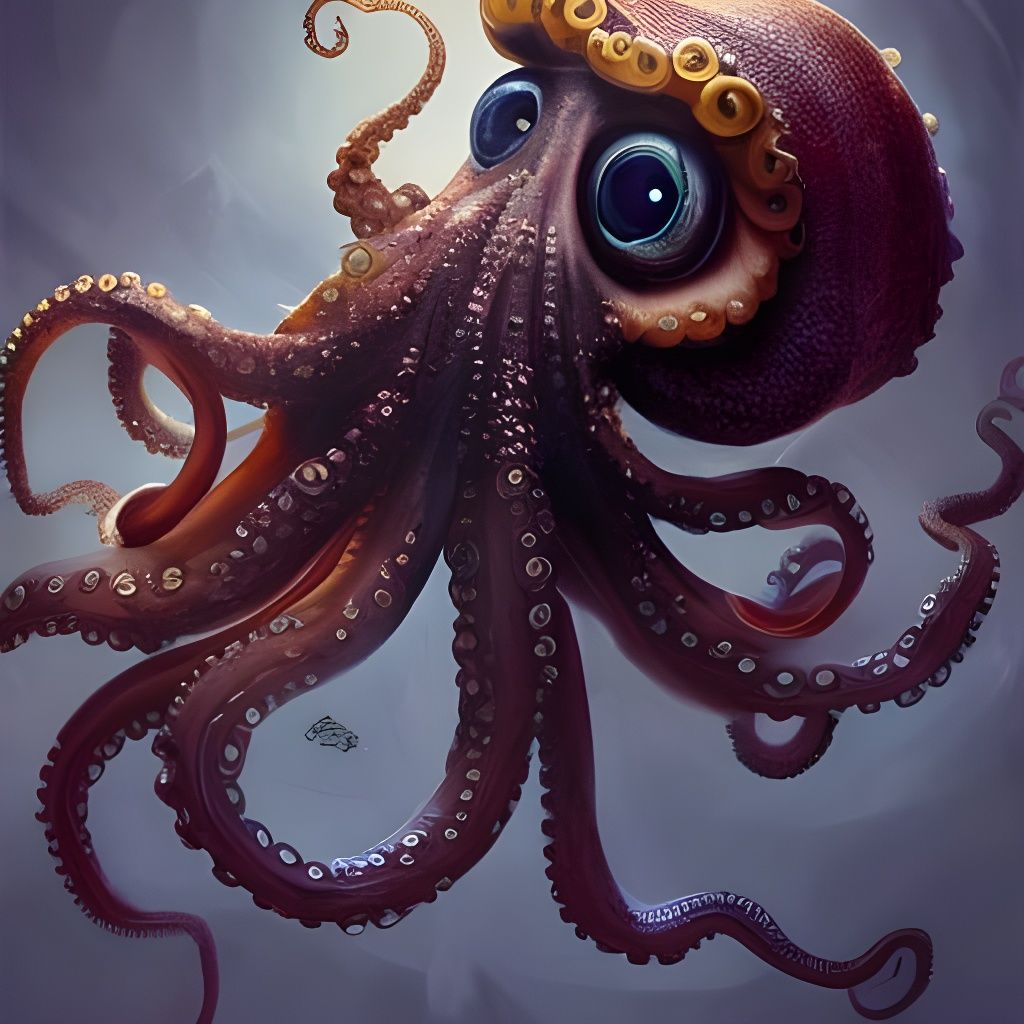 Chibi Octopus Portrait in Hyperdetailed Gouache Style