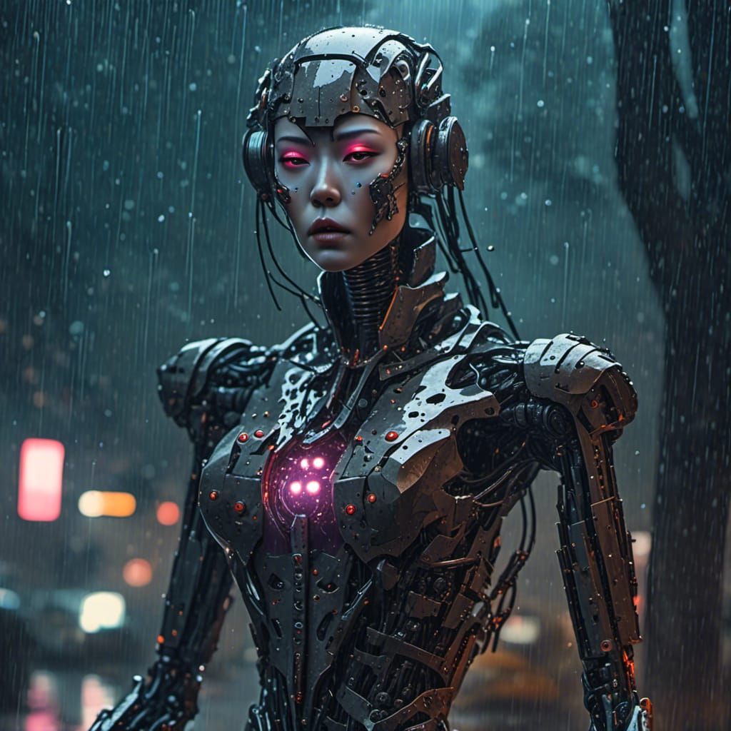 Android Cyborg in Cemetery Rain: Digital Painting