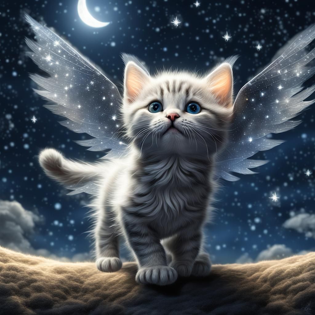 Winged Kitten Flies in Starry Sky: Surreal HDR
