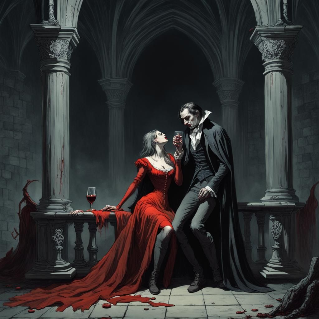 Vampire Couple in Castle Drinking Blood: Horror Art
