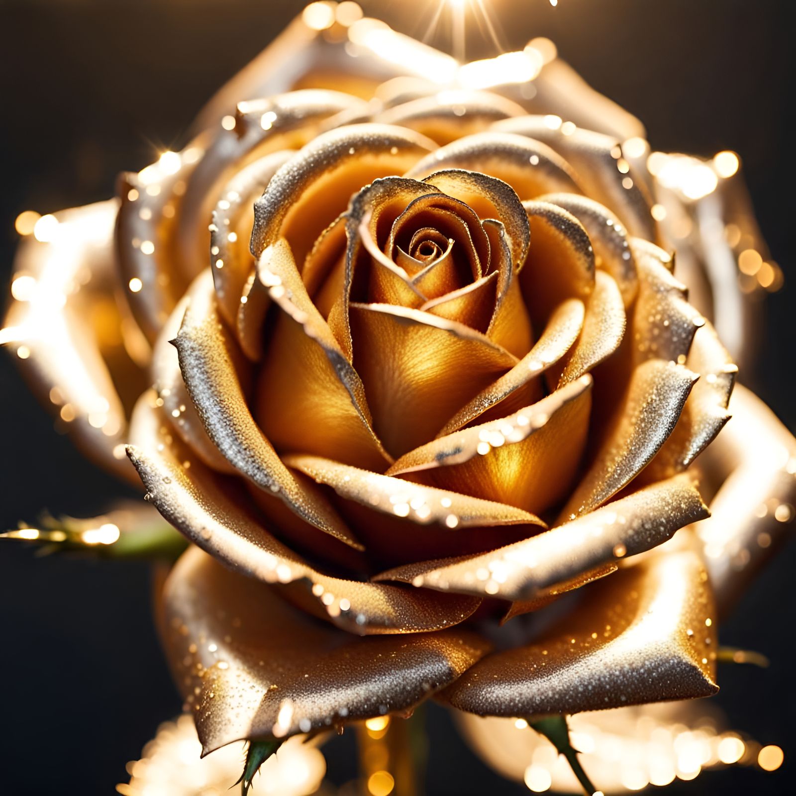 Close-up of a Sparkling Golden Metal Rose