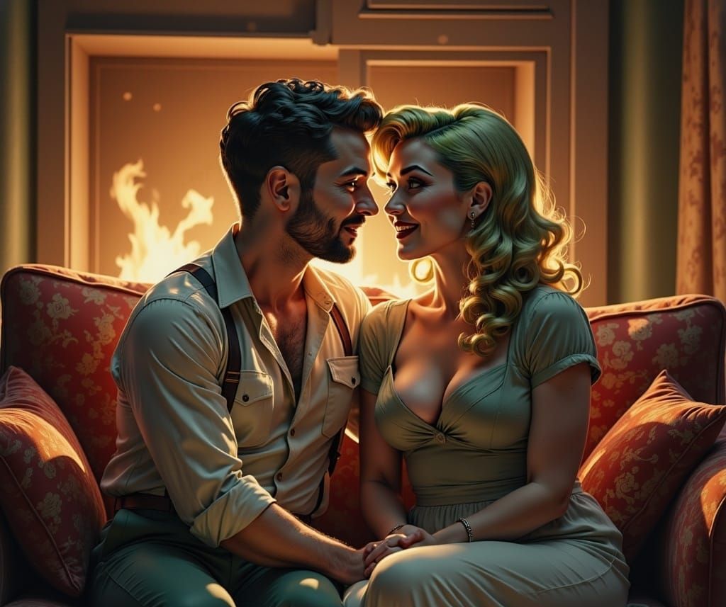 Cozy Couple Enjoying Fireside Chat: Matte Painting