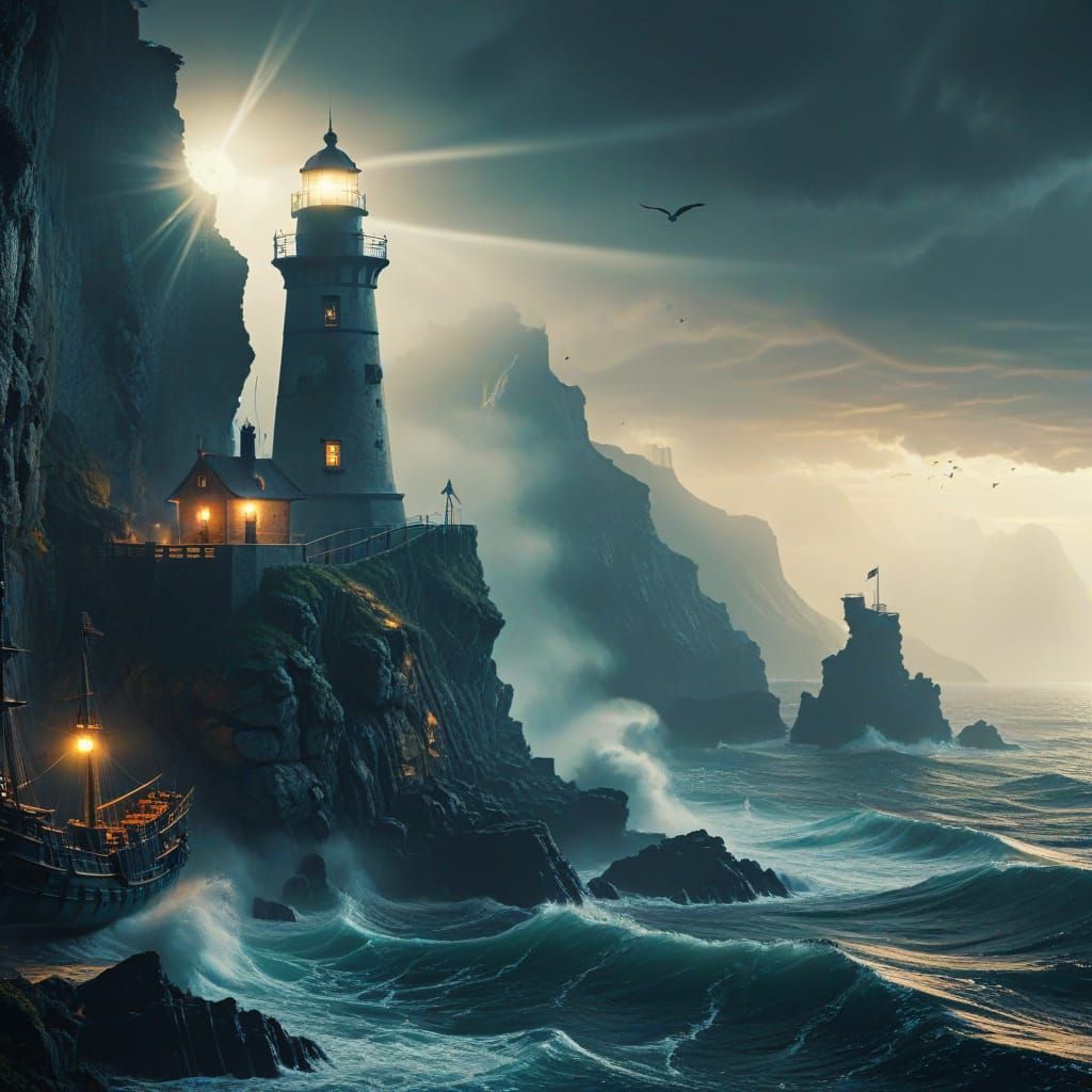 Lighthouse and Pirate Ship in Cyberpunk Style