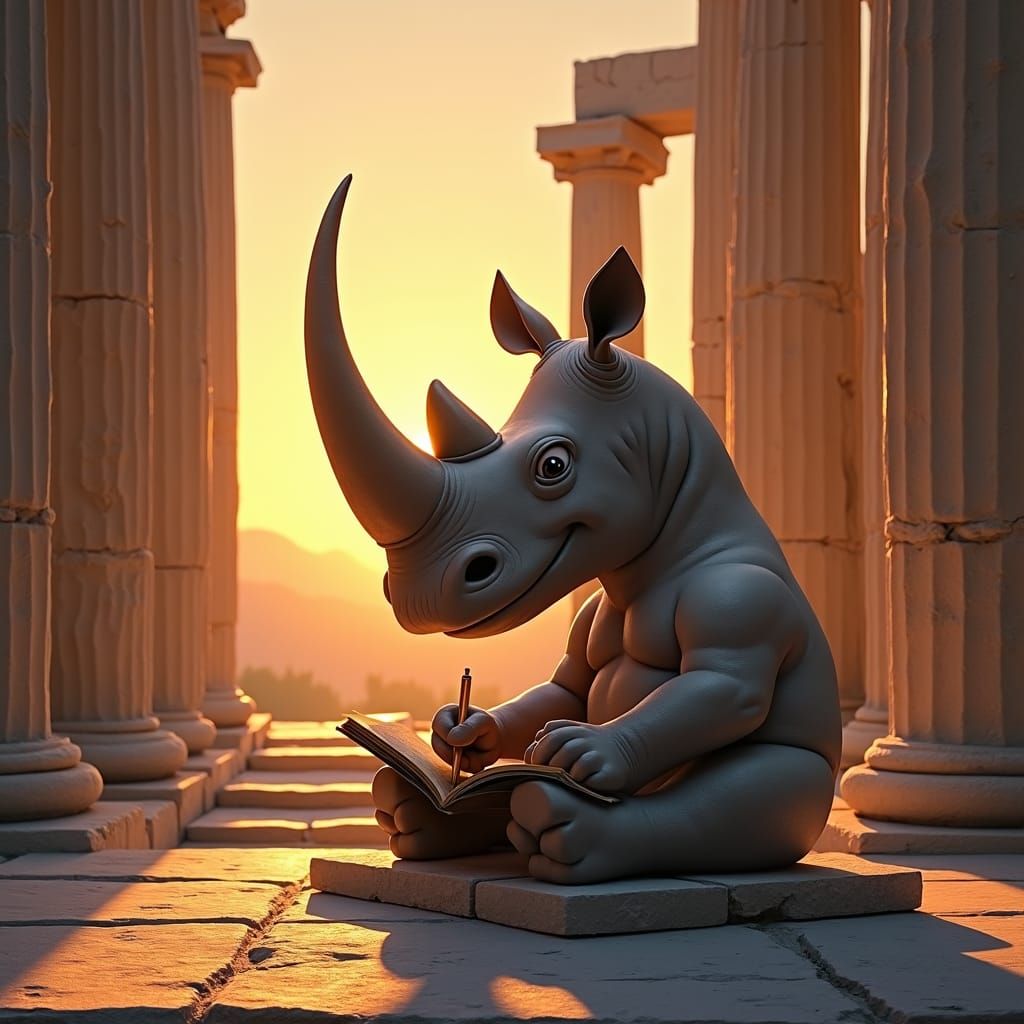 Smiling Rhino Writes in Temple Ruins