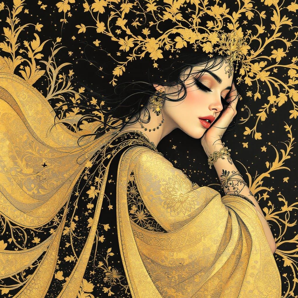 Woman in Gold Leaf Robes: Klimt-Inspired Illustration