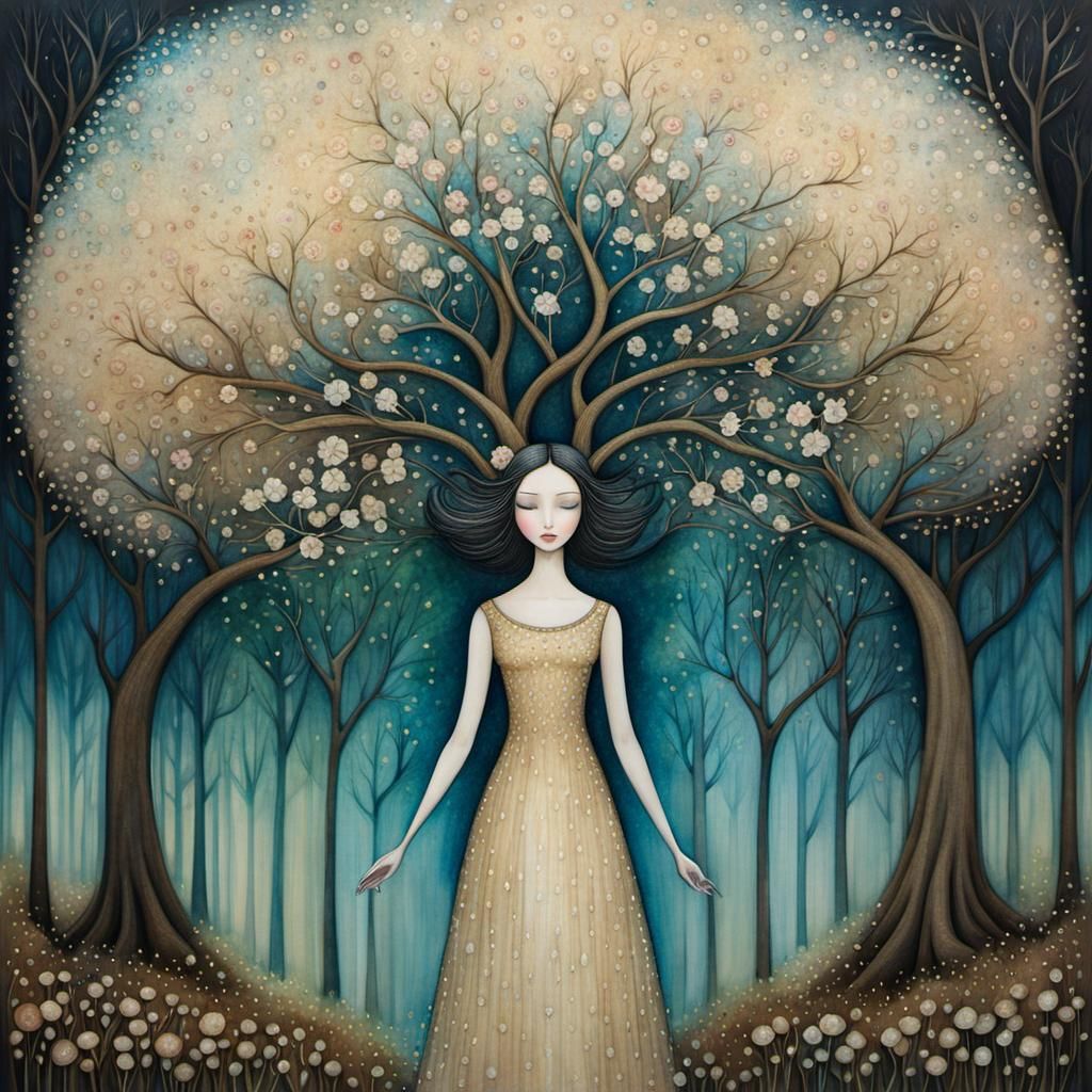 Transparent Girl and Beige Blossom Tree in Art Brut Style