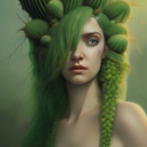 Enchanting Dryad Portrait with Cactus Flower