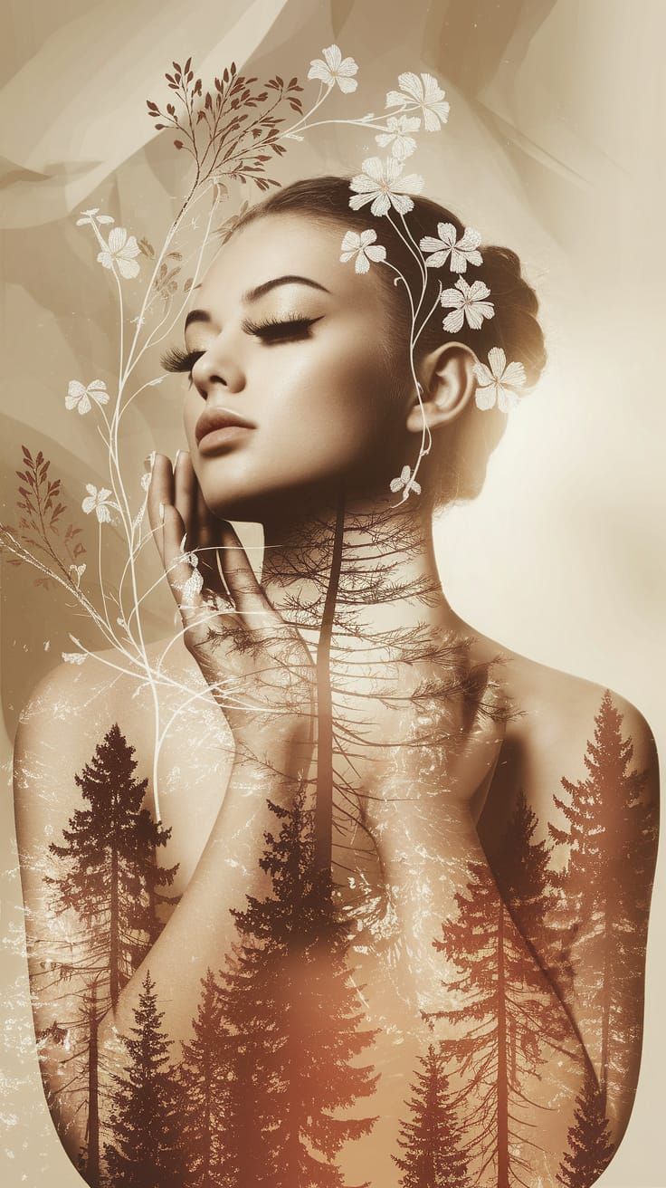 Beauty Model in Double Exposure Swedish Forest Matte Paintin...