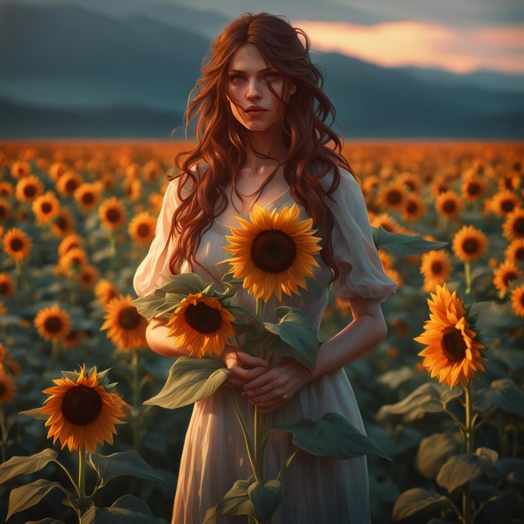 Woman with Sunflower: Hyperdetailed Art Nouveau Portrait