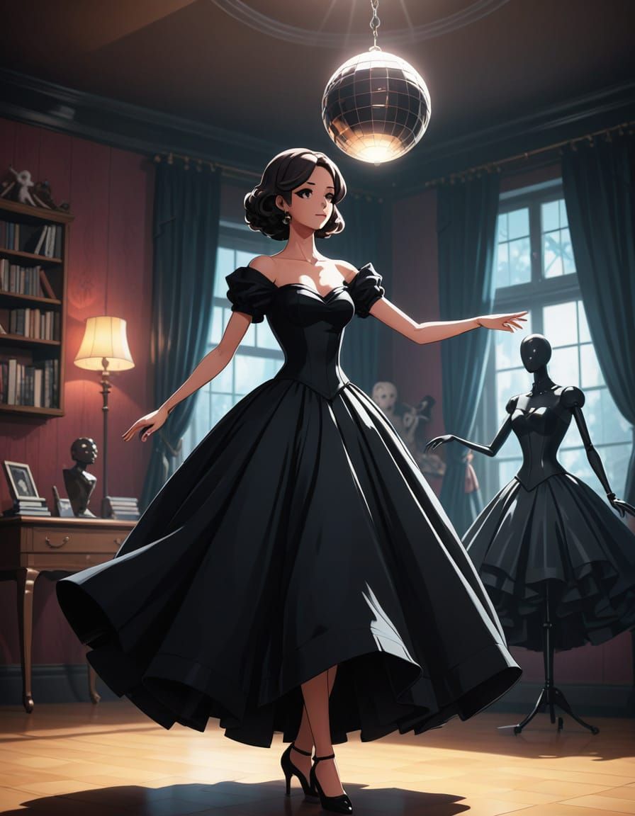 Anime Woman Dancing with Mannequin, Cel-Shaded Style