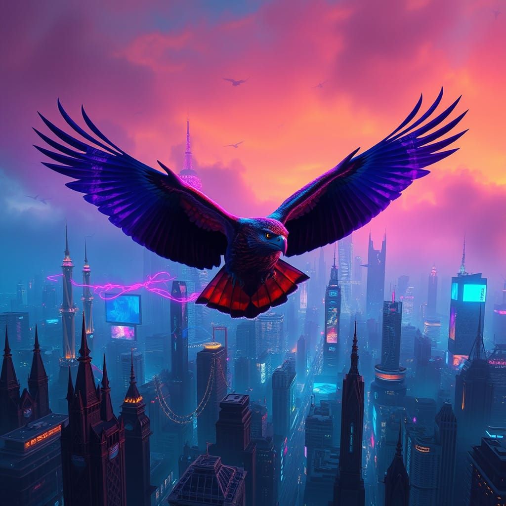 Cyberpunk Hawk Takes Flight in Neon Metropolis