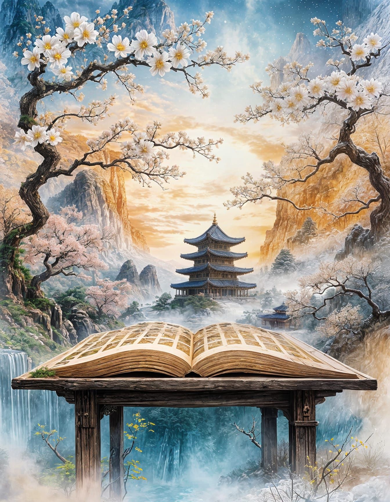 Mystical Scroll Unveiling 3D Asian Landscape