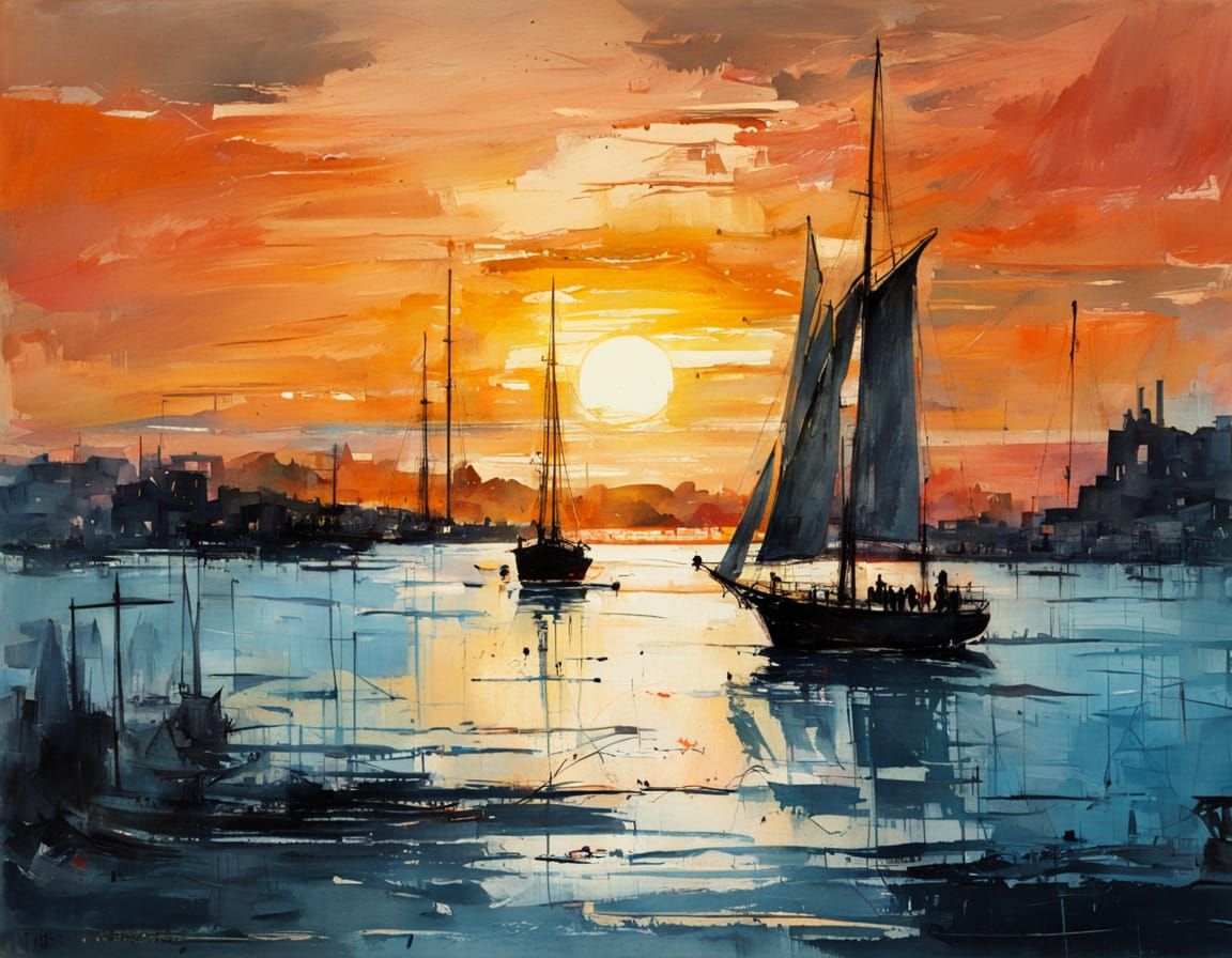 Sunset Sailboat in Bay, Expressive Abstract Style