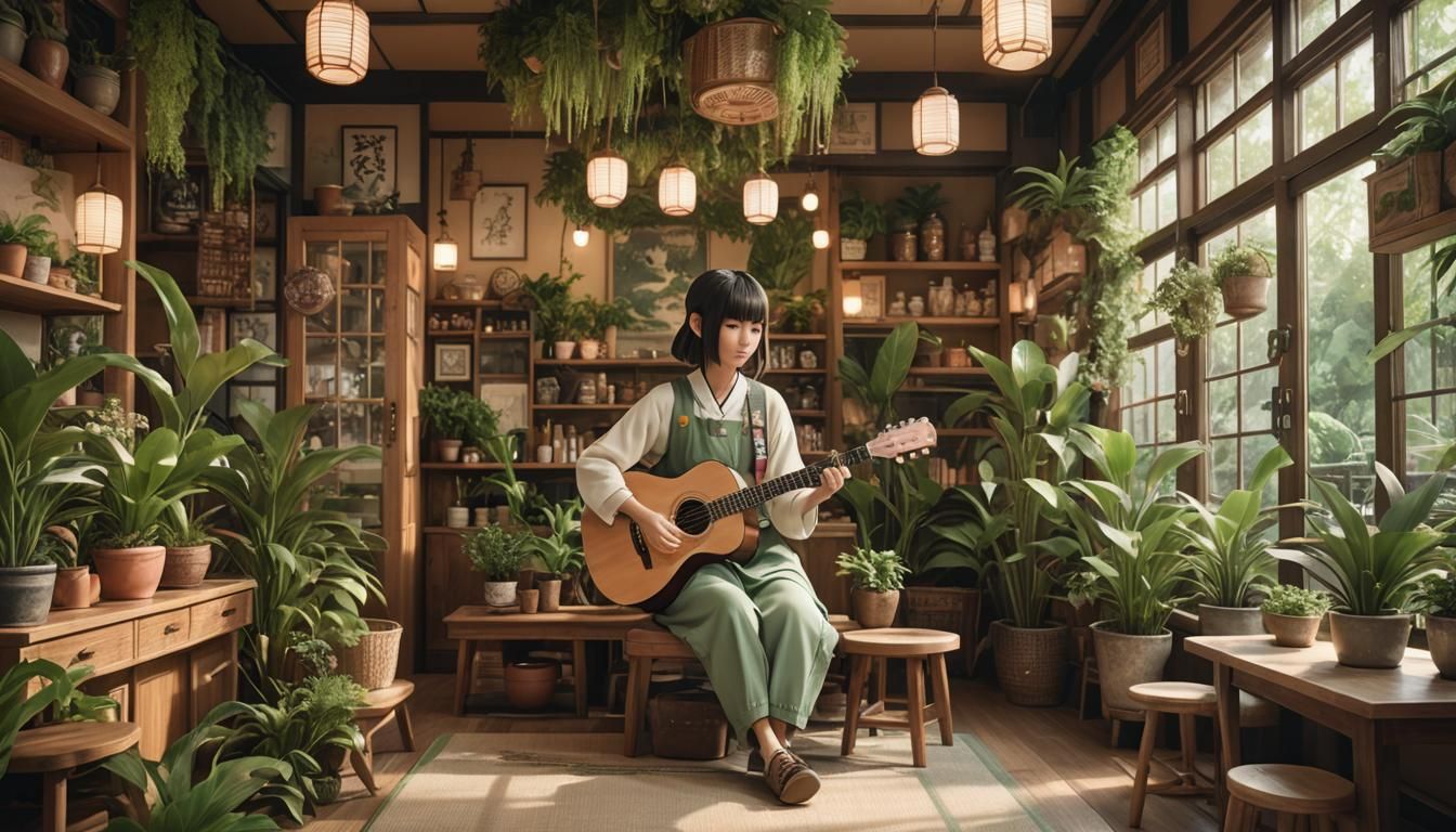 Japanese Cafe Interior with Girl in Anime Style