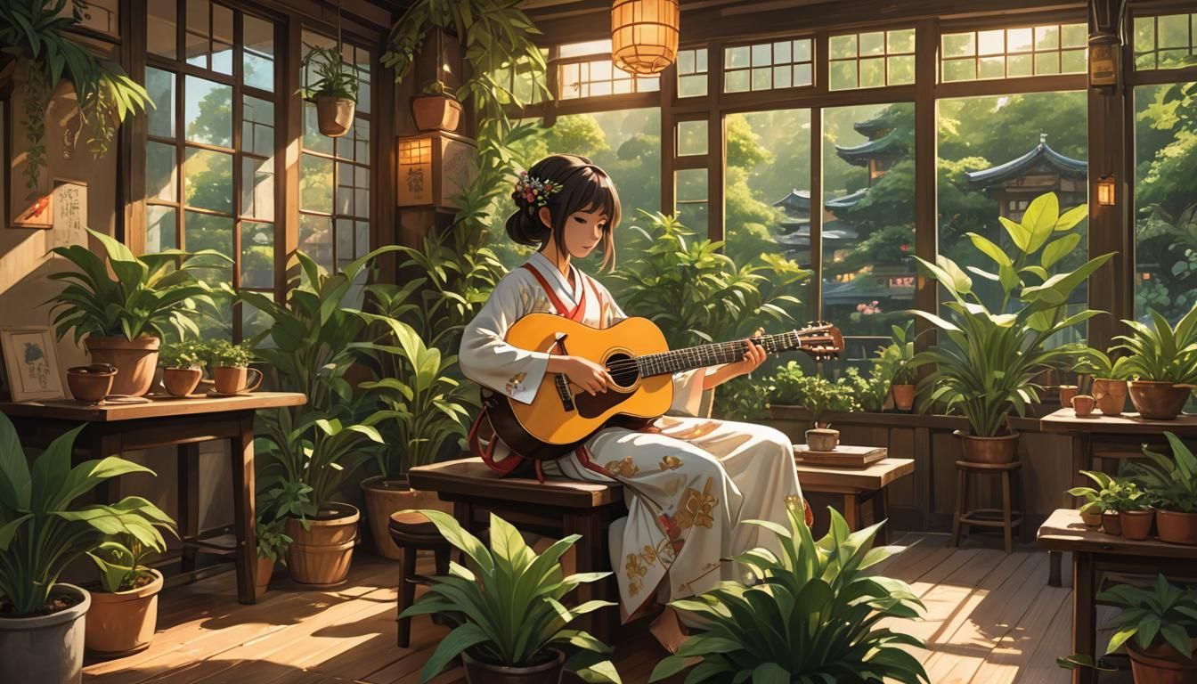 Anime Girl in Cosy Cafe, Digital Painting