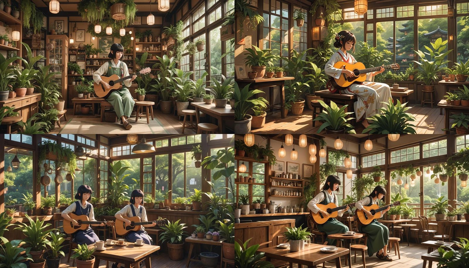Cozy Café Scene with Lush Greenery, Japanese Theme