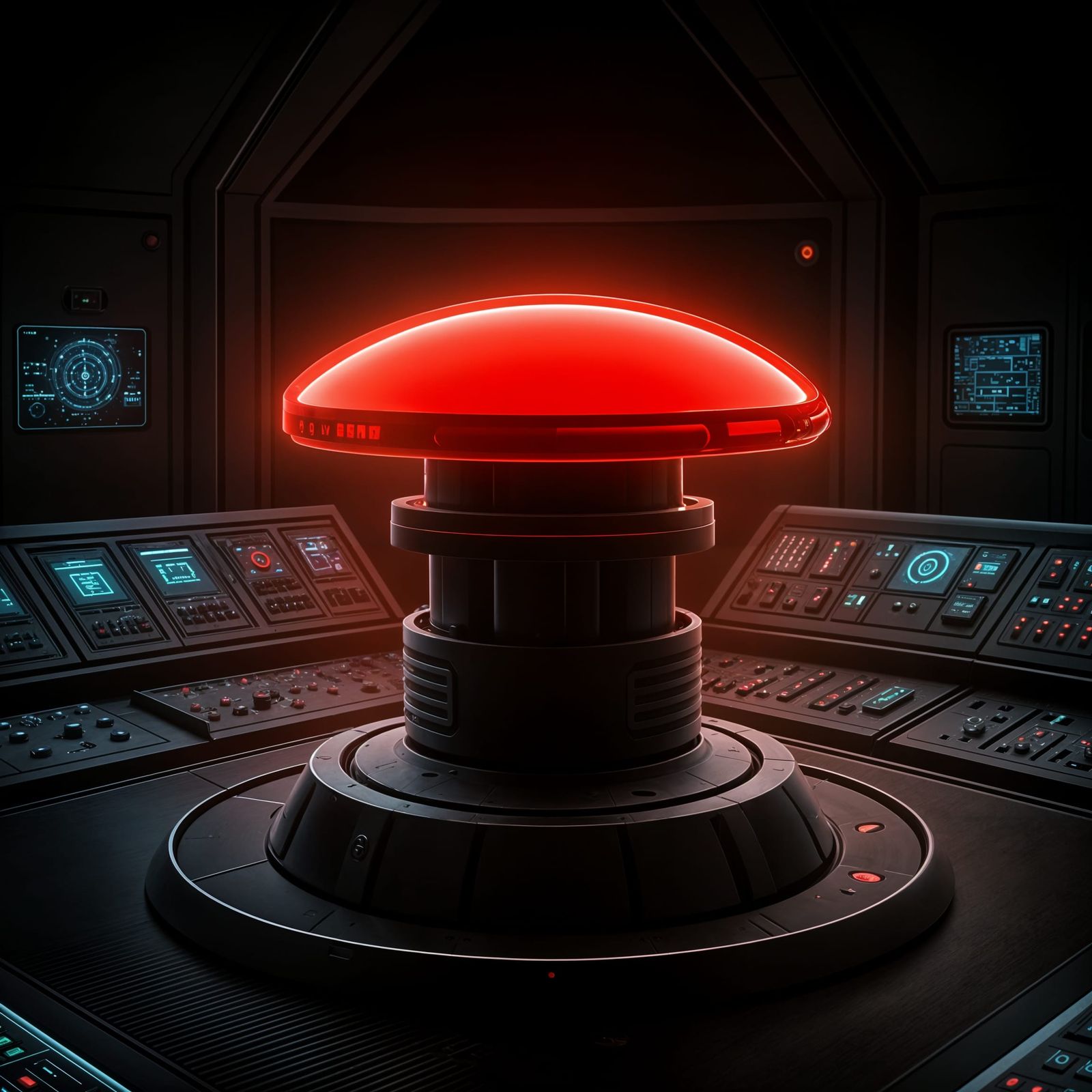 Futuristic Control Room with Glowing Red Button