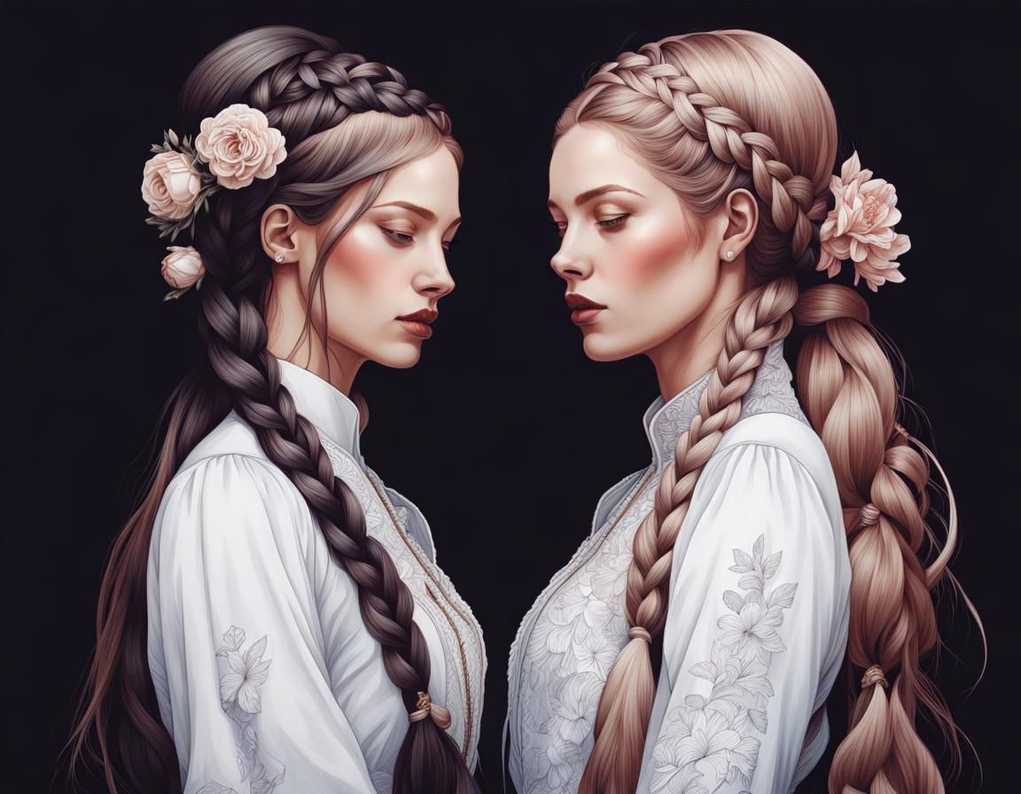 Swedish Girls Braiding Flowers in Detailed Illustration