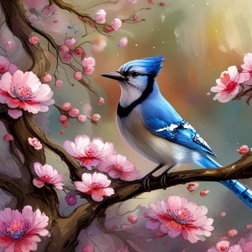 Blue Jay in Floral Tree: Gouache Watercolor Painting