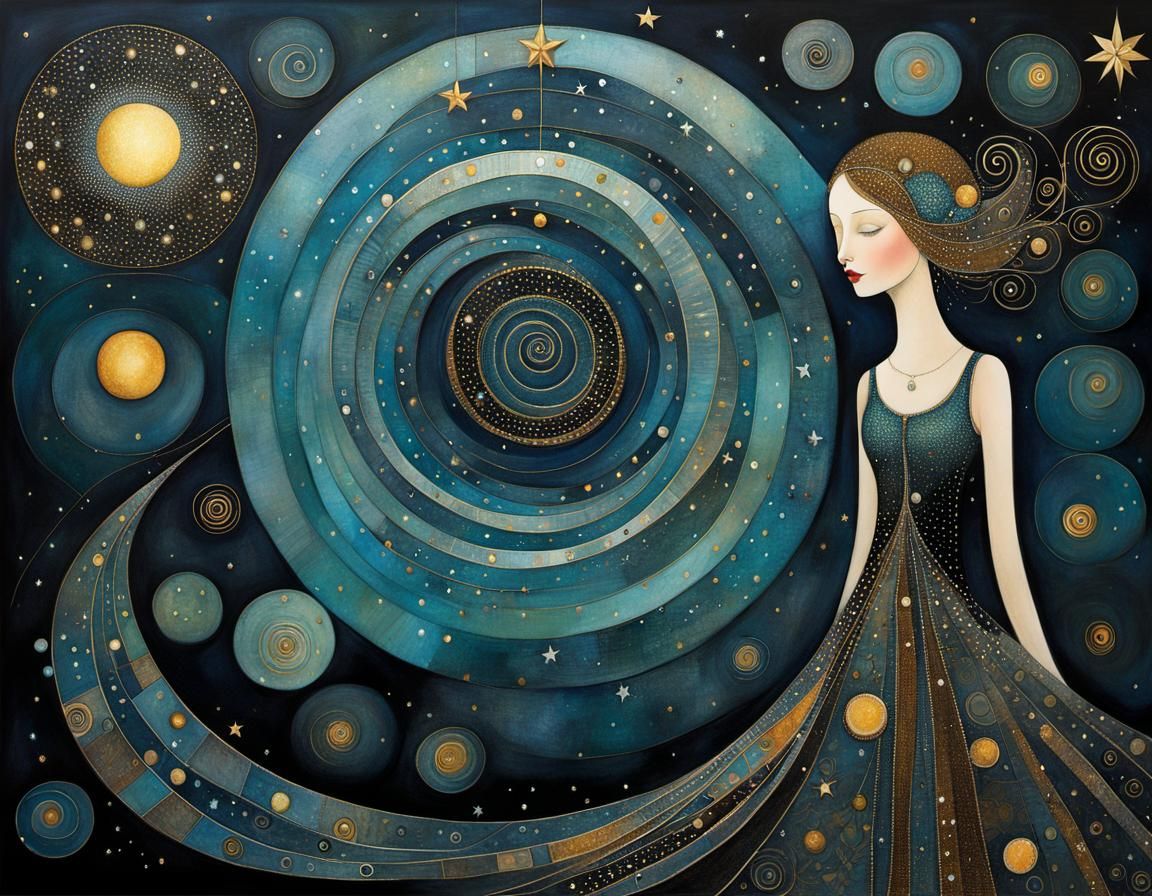 Whimsical Starry Night Illustration in Klimt Style